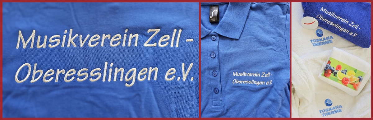 Besticktes blaues Poloshirt mit einer weien Aufschrift Musikverein Zell - Oberesslingen e.V.